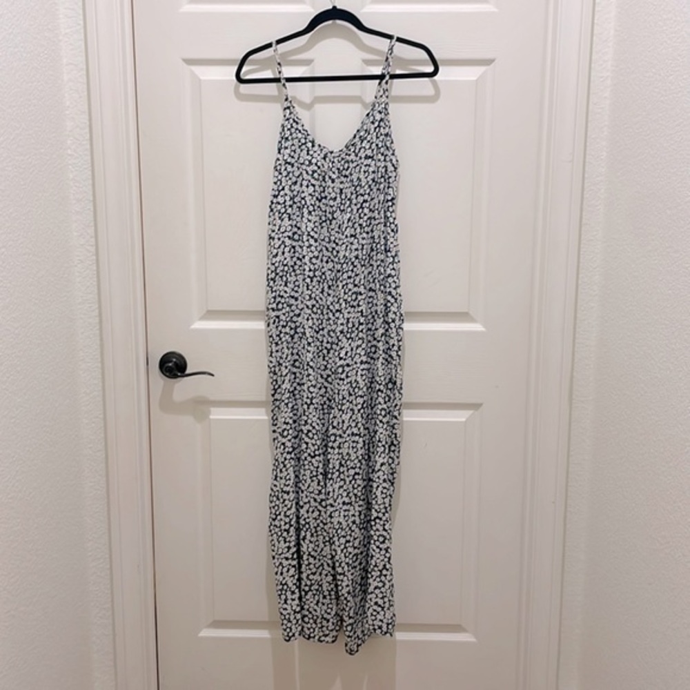 Buenos Ninos Navy Blue with White Flowers Spaghetti Strap Boho Jumpsuit